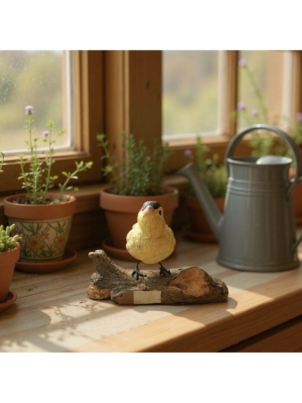 American Goldfinch Bird Wood Hand Carved and Hand Painted on Branch